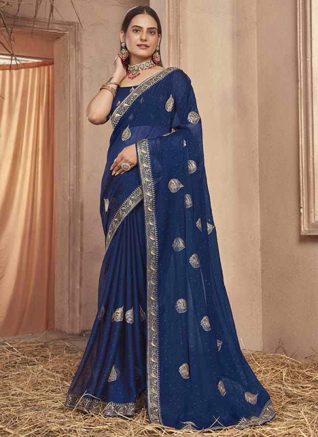 Chiffon Blue Wedding Wear Embroidery Work Saree